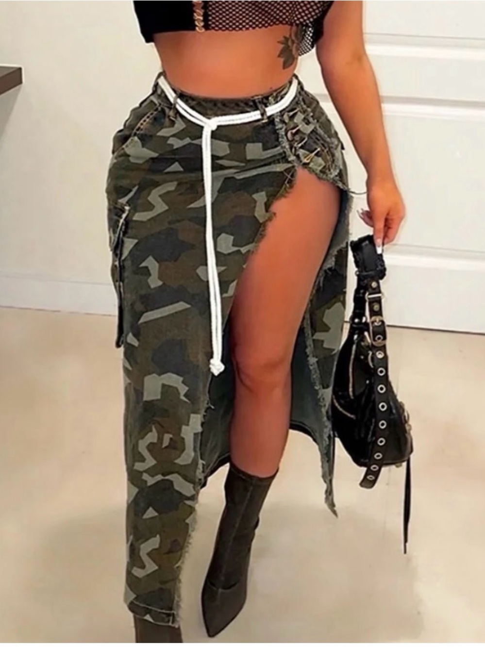 Camo Asymmetrical High-Slit Maxi Skirt - Olive Green